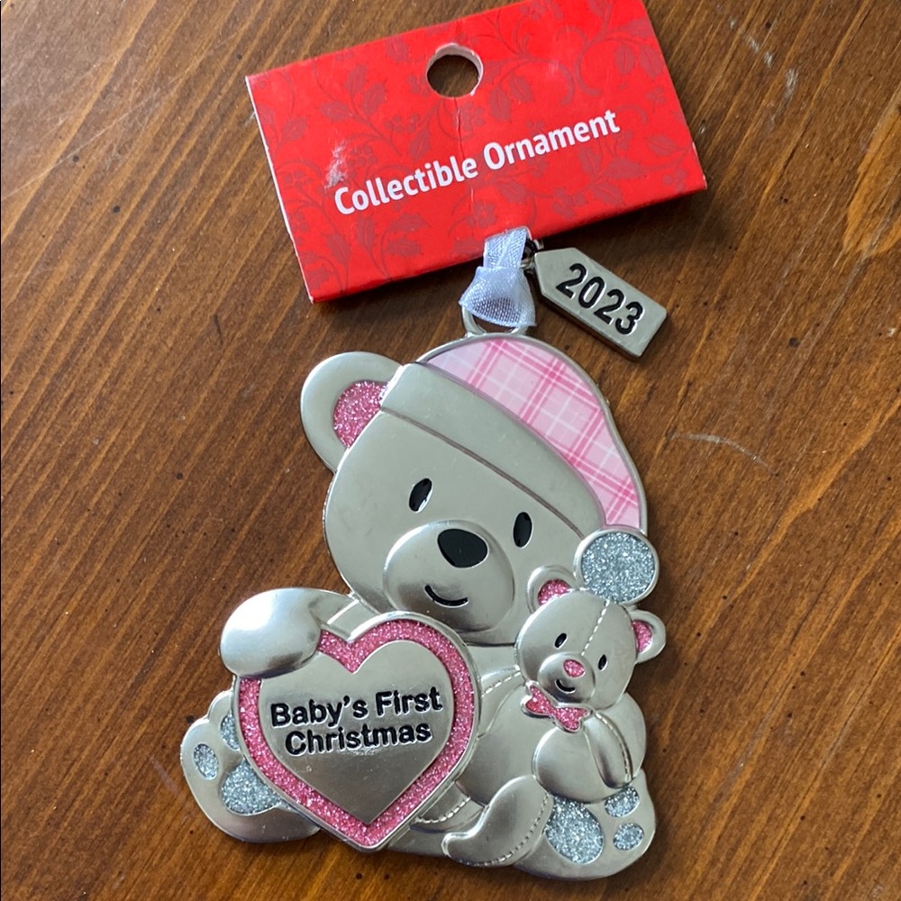 Baby's First Christmas Bear Ornament - Pink and Silver 2023